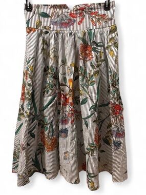 Zara Striped Floral A-Line Midi Skirt in Cream, Green and Rust